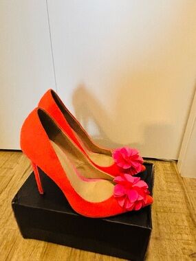 ASOS Bright Coral Heels with Pink Floral Detail